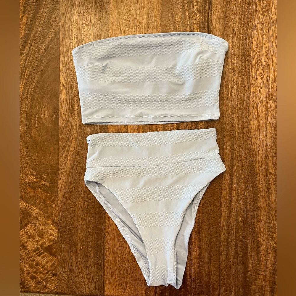 Aerie Light Blue 2 Piece Jacquard Swimsuit, Tube Top and Cheeky Bottoms XS